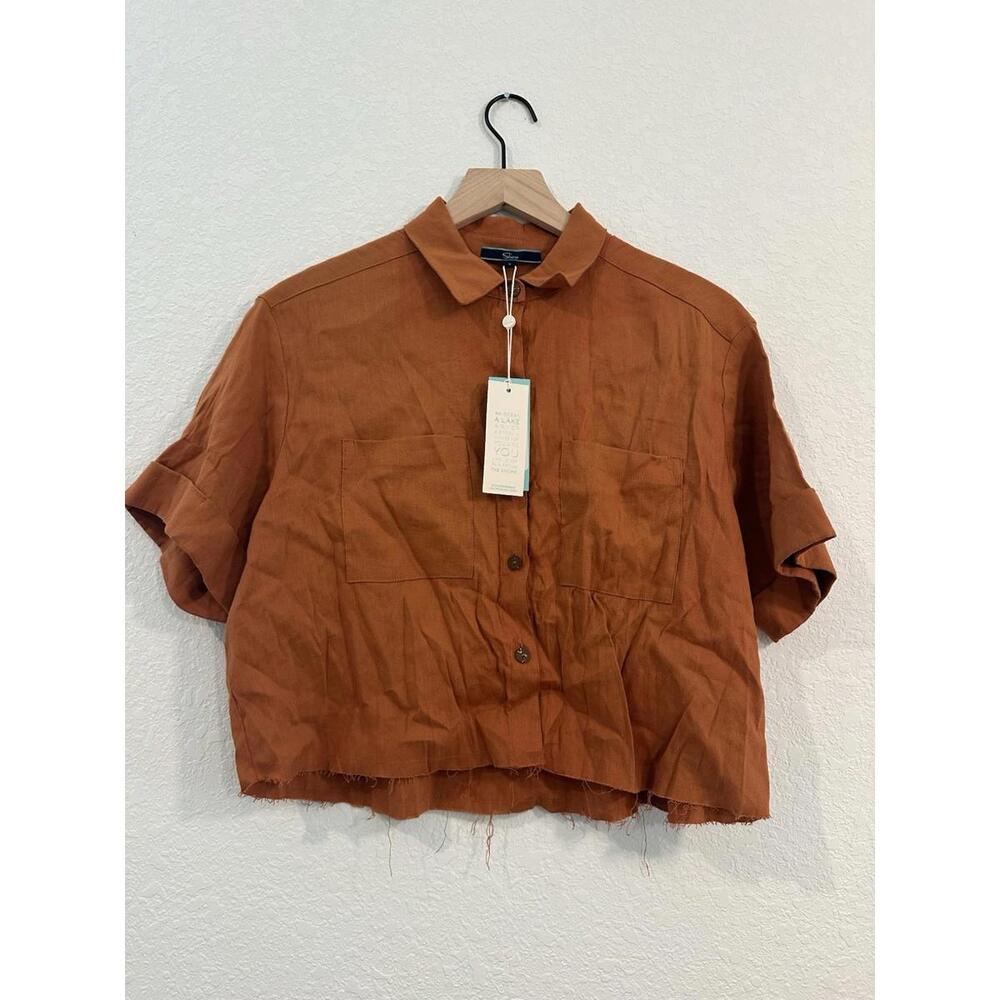 SHORE women’s Small Short Sleeve Orange Button Up Crop Distressed Top MSRP $118
